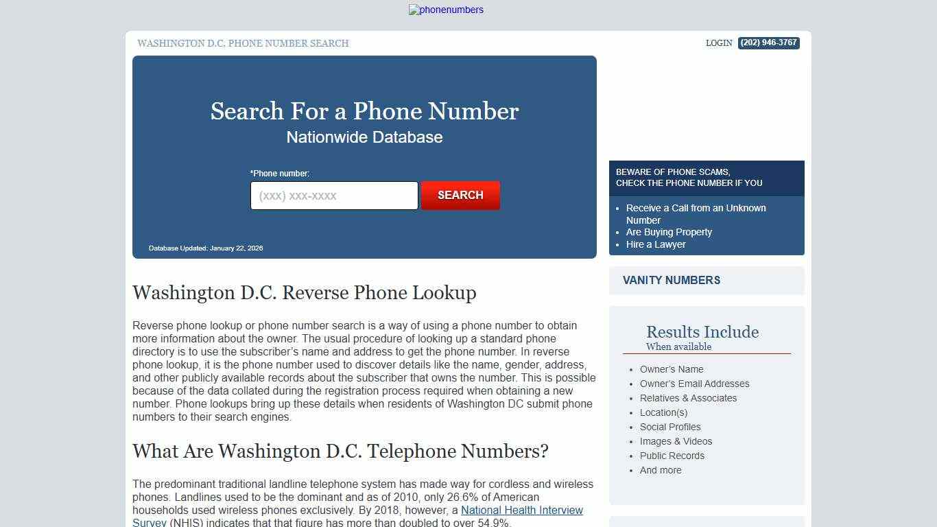 Washington D.C. Phone Number Lookup PhoneNumbers.org